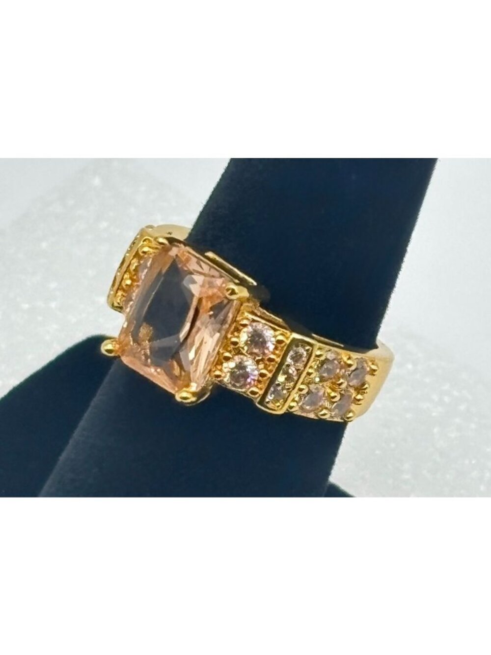 Emerald Cut Morganite and Cubic Zirconia Ring Vermeil Marked "S925", Size 8 or 9 - Picture 3 of 8